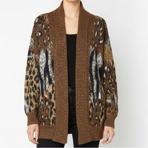 Vintage 80s Cardigan Sweater Multi Animal Print Metallic Leopard Pockets L